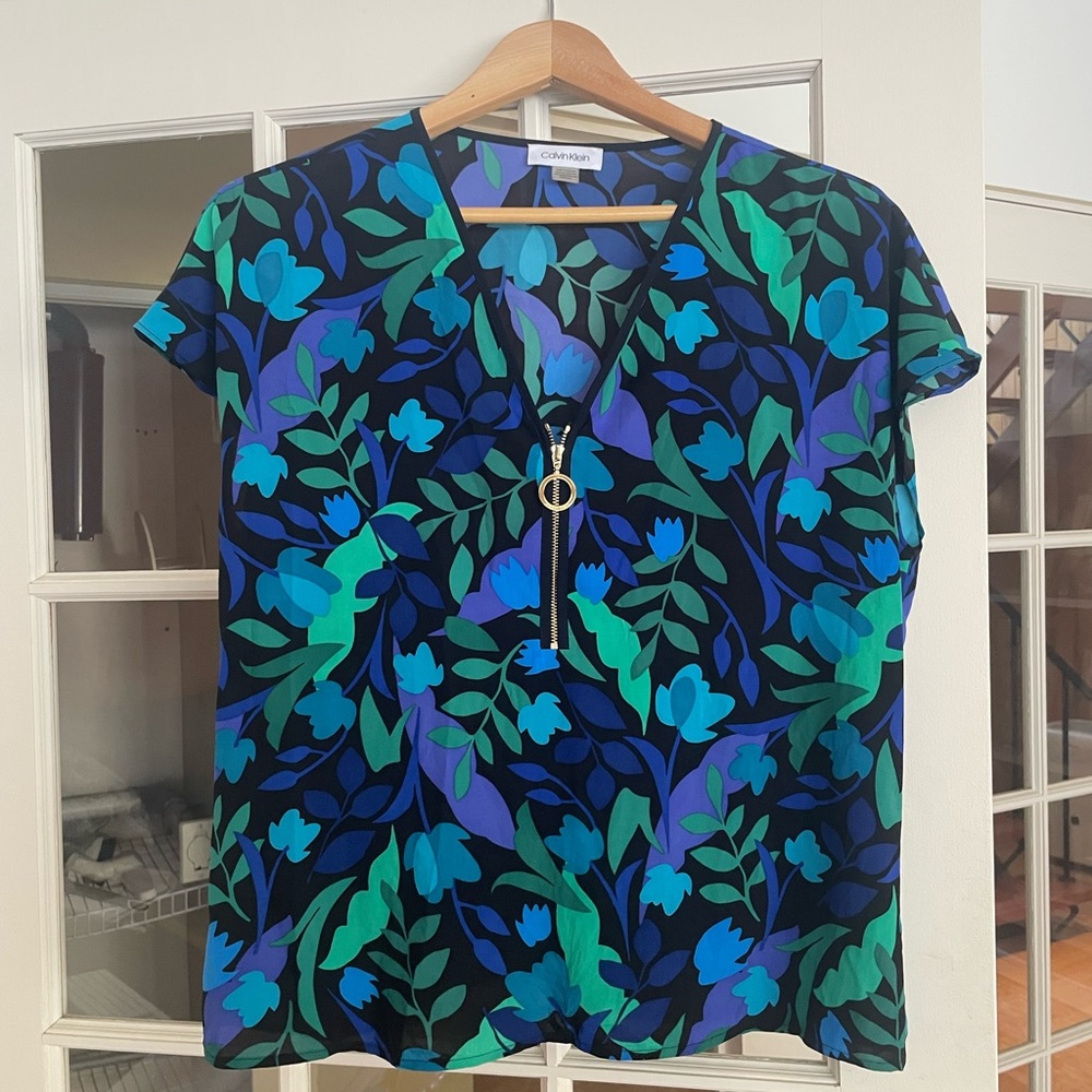 💙 Calvin Klein Colorful Floral Blouse bleu green black gold